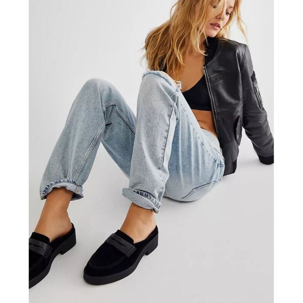 Free People Leighton Loafer Mules Black Suede Leather